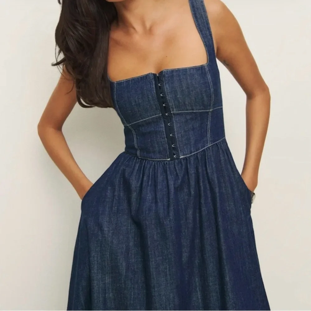 Reformation Tagliatelle Denim Midi Dress Blue Size 6 NEW - Picture 5 of 12